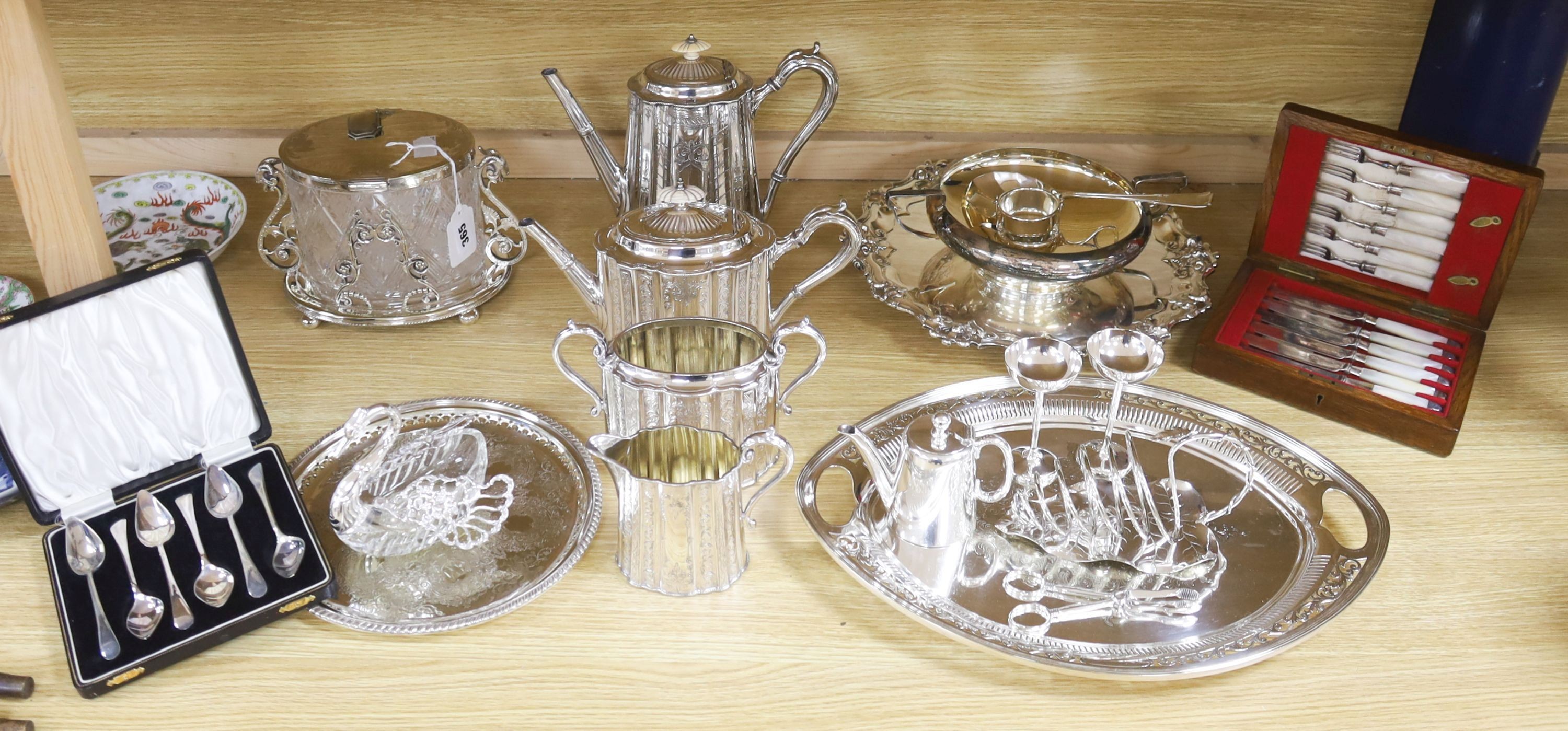 A Victorian cut glass and electroplate biscuit box and other plated wares